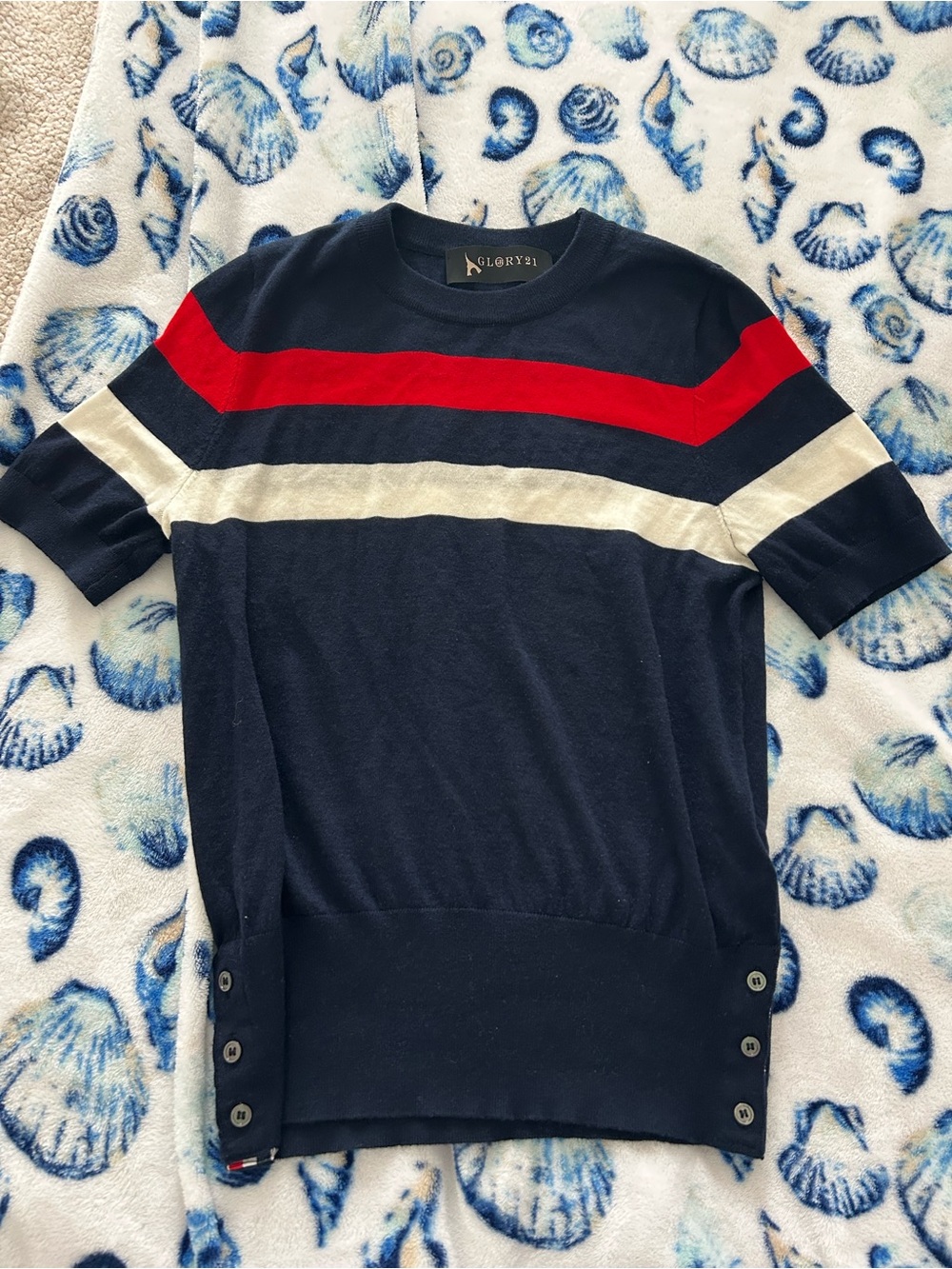 Navy Crewneck Short-Sleeve Sweater with Red and Cream Stripes